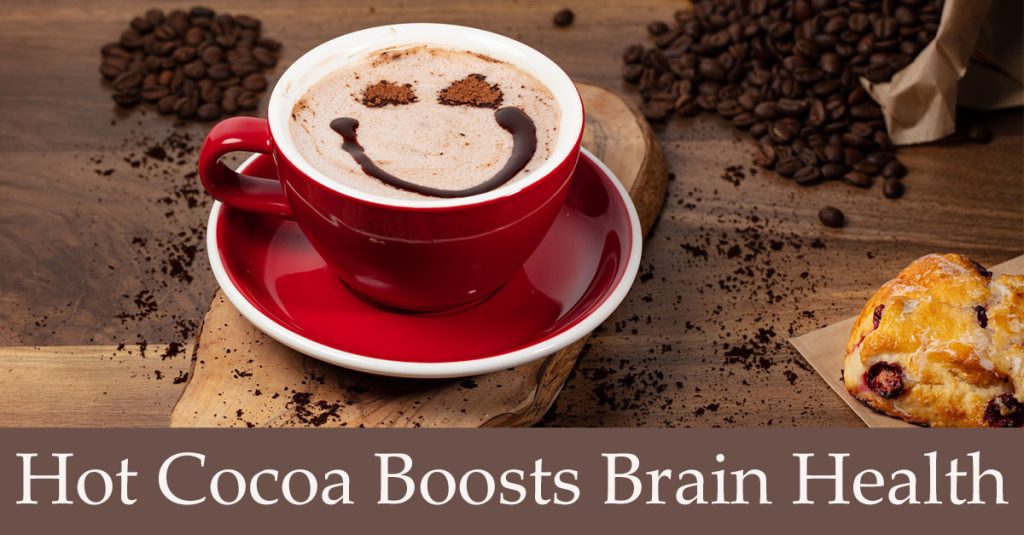 Hot cocoa boosts brain health. Cup of hot chocolate in a red cup.